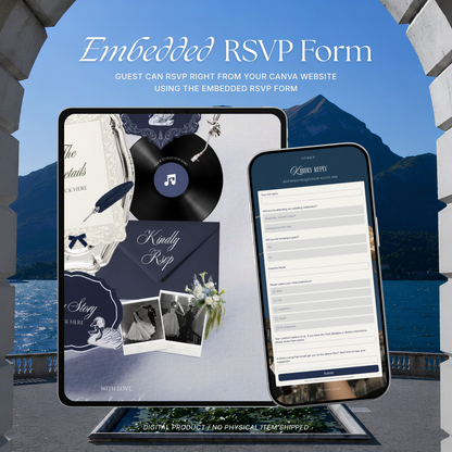 Navy & Dusty Blue Wedding Website Template with RSVP, Music and Countdown : Floral Classic Envelope Digital Invitation (Digital Download)