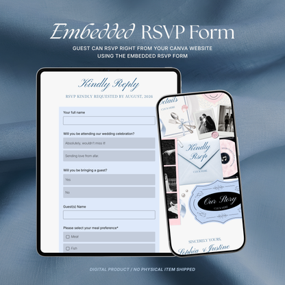 Blush Pink Blue Floral Wedding Website Template with RSVP, Music and Countdown Timer: Editable Canva Website (Digital Download)