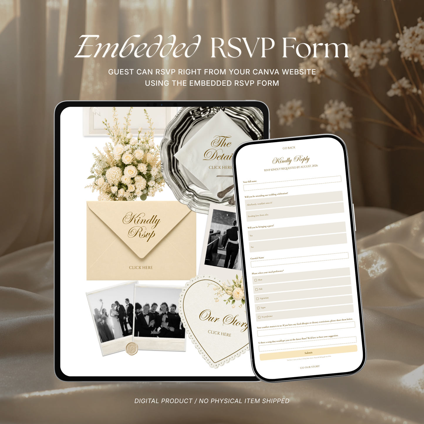 Champagne Beige Vintage Floral Wedding Website Template | Canva Digital Invitation with RSVP, Music and Countdown Timer (Digital Download)