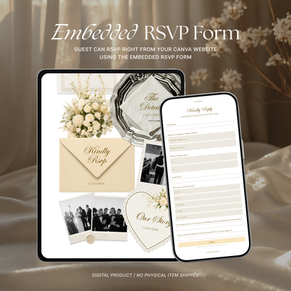 Champagne Beige Vintage Floral Wedding Website Template | Canva Digital Invitation with RSVP, Music and Countdown Timer (Digital Download)