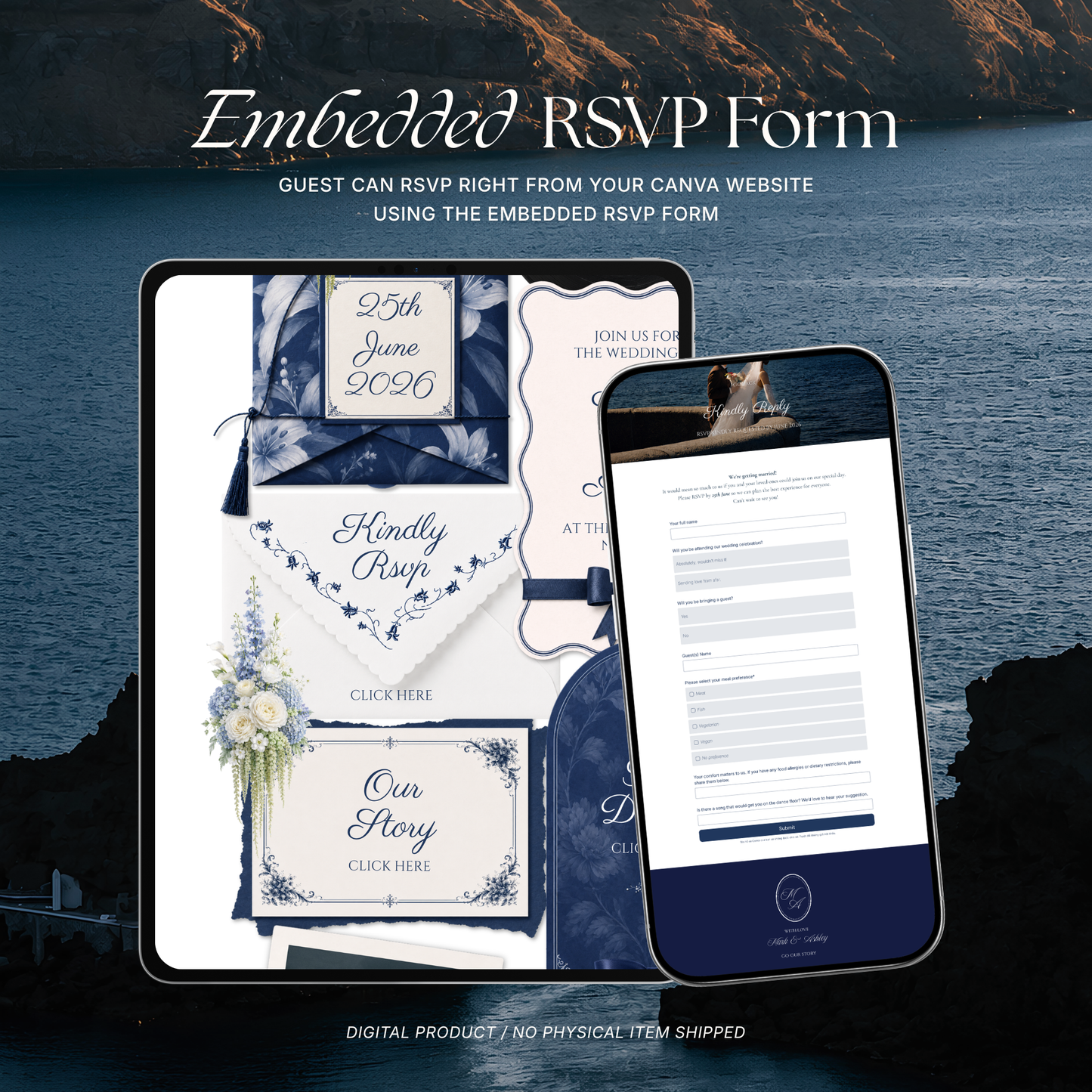 Navy & Dusty Blue Wedding Website Template with RSVP, Music and Countdown Timer | Digital Wedding Template (Digital Download)