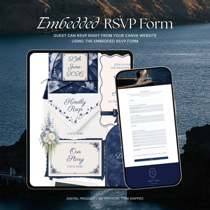 Navy & Dusty Blue Wedding Website Template with RSVP, Music and Countdown Timer | Digital Wedding Template (Digital Download)