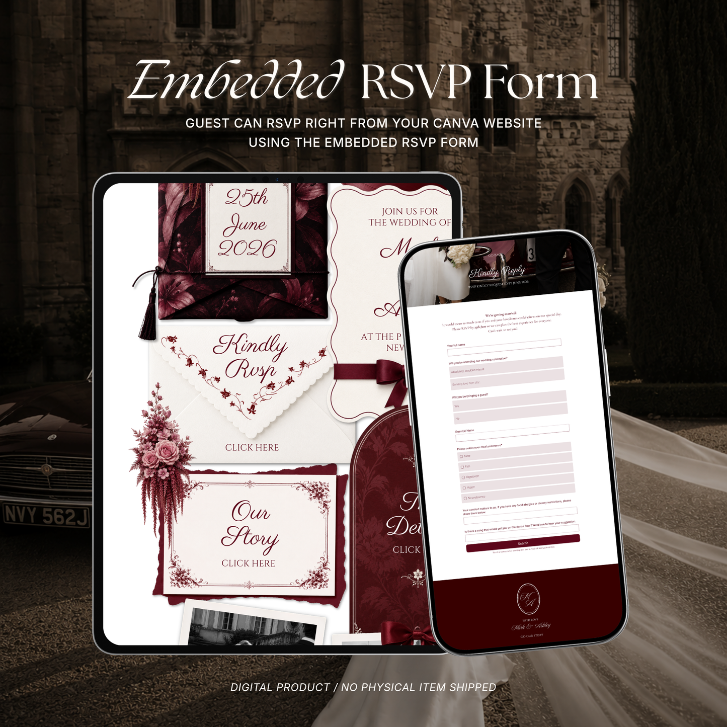 Burgundy & Ivory Vintage Floral Wedding Website Template | Editable Invitation with RSVP, Music and Countdown Timer (Digital Download)