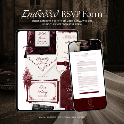 Burgundy & Ivory Vintage Floral Wedding Website Template | Editable Invitation with RSVP, Music and Countdown Timer (Digital Download)