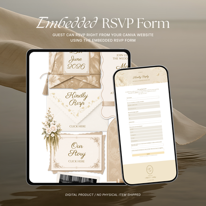 Floral Vintage Wedding Website Template | Champagne Beige Digital Wedding Invitation with RSVP, Music and Countdown Timer | Instant Download