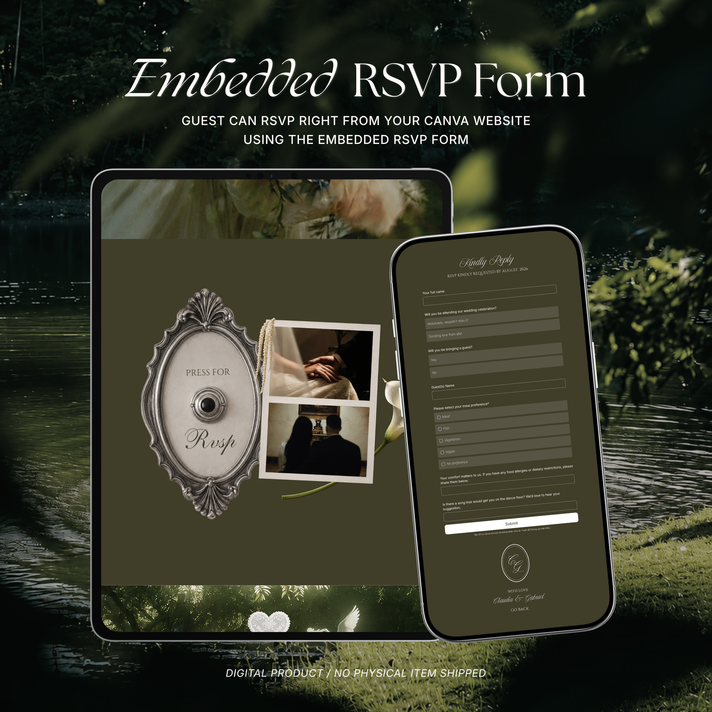 Olive Old Money Wedding Website Template : Classic Digital Wedding Invitation with RSVP, Music and Countdown Timer | Instant Download