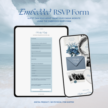 Dusty Blue Floral Wedding Website Template with RSVP, Music and Countdown Timer: Canva Editable Template (Digital Download)