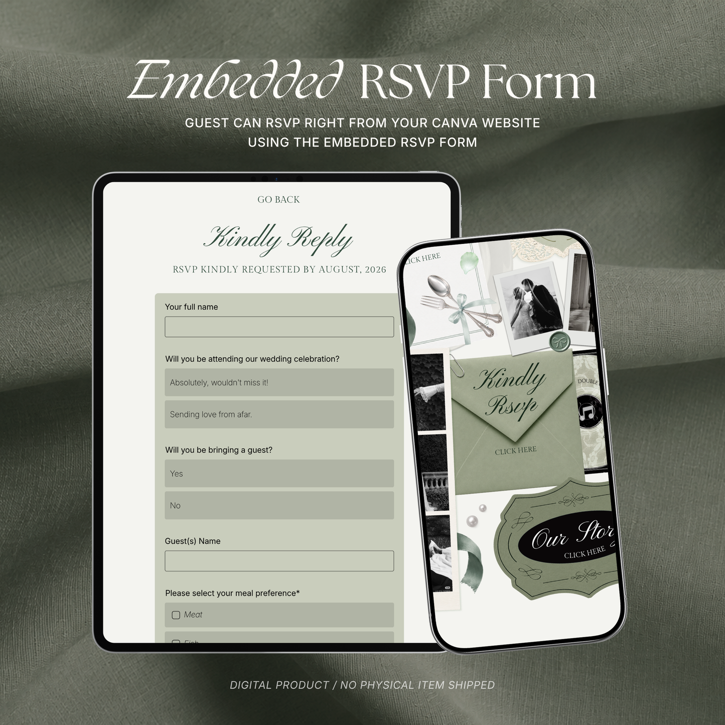 White & Sage Green Classic Wedding Website Template with RSVP, Music and Countdown Timer: Editable Canva Website (Digital Download)