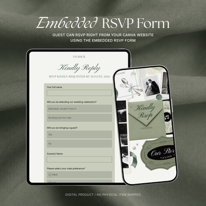 White & Sage Green Classic Wedding Website Template with RSVP, Music and Countdown Timer: Editable Canva Website (Digital Download)
