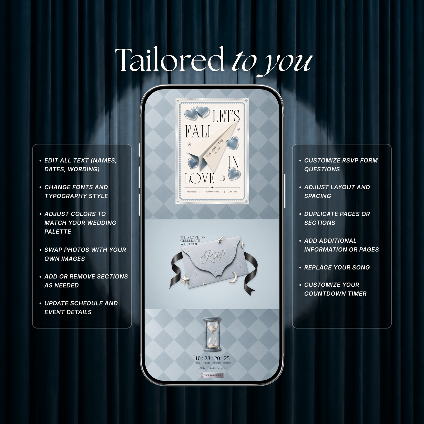 Dusty Blue Photo Booth Wedding Website Template | Modern Wedding Invitation with RSVP, Music and Countdown Timer | Instant Download