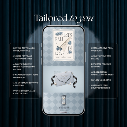 Dusty Blue Photo Booth Wedding Website Template | Modern Wedding Invitation with RSVP, Music and Countdown Timer | Instant Download