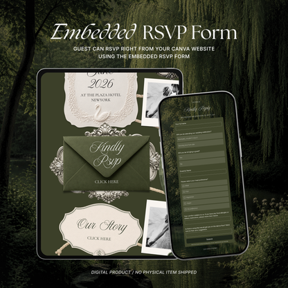 Olive Old Money Wedding Website Template with RSVP, Music and Countdown Timer: Editable Canva Website (Digital Download)