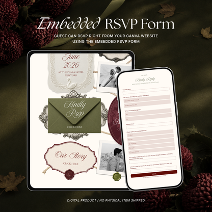 Olive Green & Burgundy Floral Wedding Website Template | Digital Editable Website with RSVP, Music and Countdown Timer | Instant Download