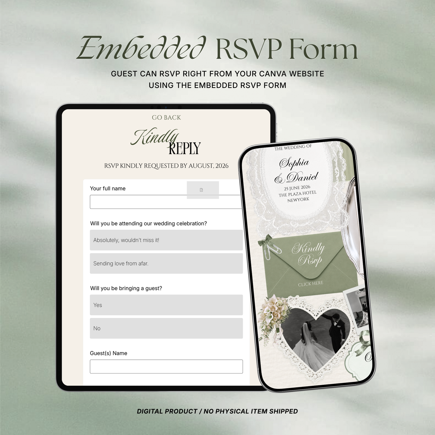 Sage Green Ivory Floral Wedding Website Template with RSVP, Music and Countdown Timer: Canva Editable Template (Digital Download)