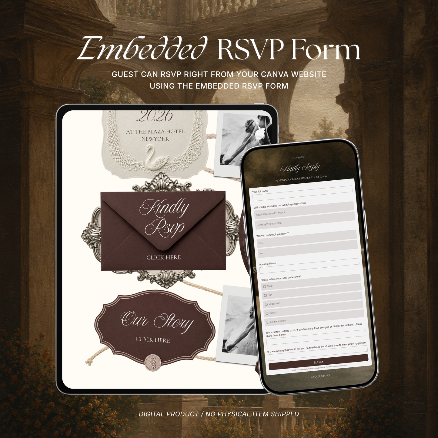Old Money Wedding Website Template | Brown & Ivory Digital Wedding Invitation with RSVP, Music and Countdown Timer | Instant Download