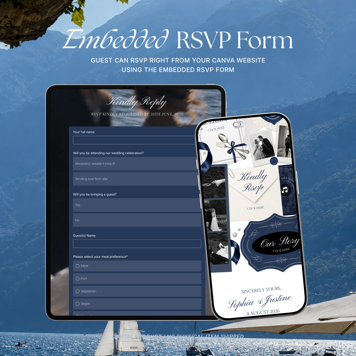 Navy & Dusty Blue Wedding Website Template with RSVP, Music and Countdown Timer: Digital Editable Canva Website (Digital Download)