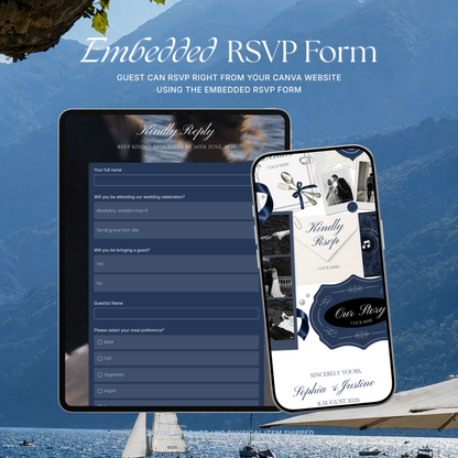 Navy & Dusty Blue Wedding Website Template with RSVP, Music and Countdown Timer: Digital Editable Canva Website (Digital Download)