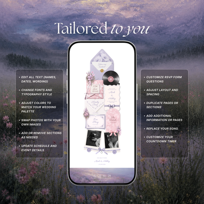 Pink Lilac Pastel Floral Wedding Website Template Canva | Wedding Invitation with RSVP, Music and Countdown Timer | Instant Download
