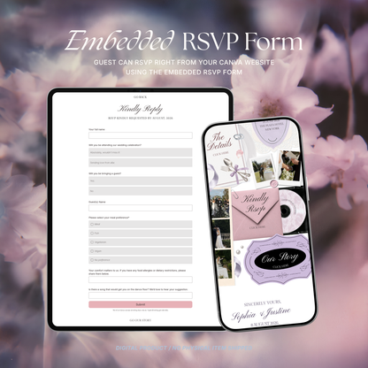 Pink Lilac Pastel Wedding Website Template with RSVP, Music and Countdown Timer | Editable Canva Website (Digital Download)
