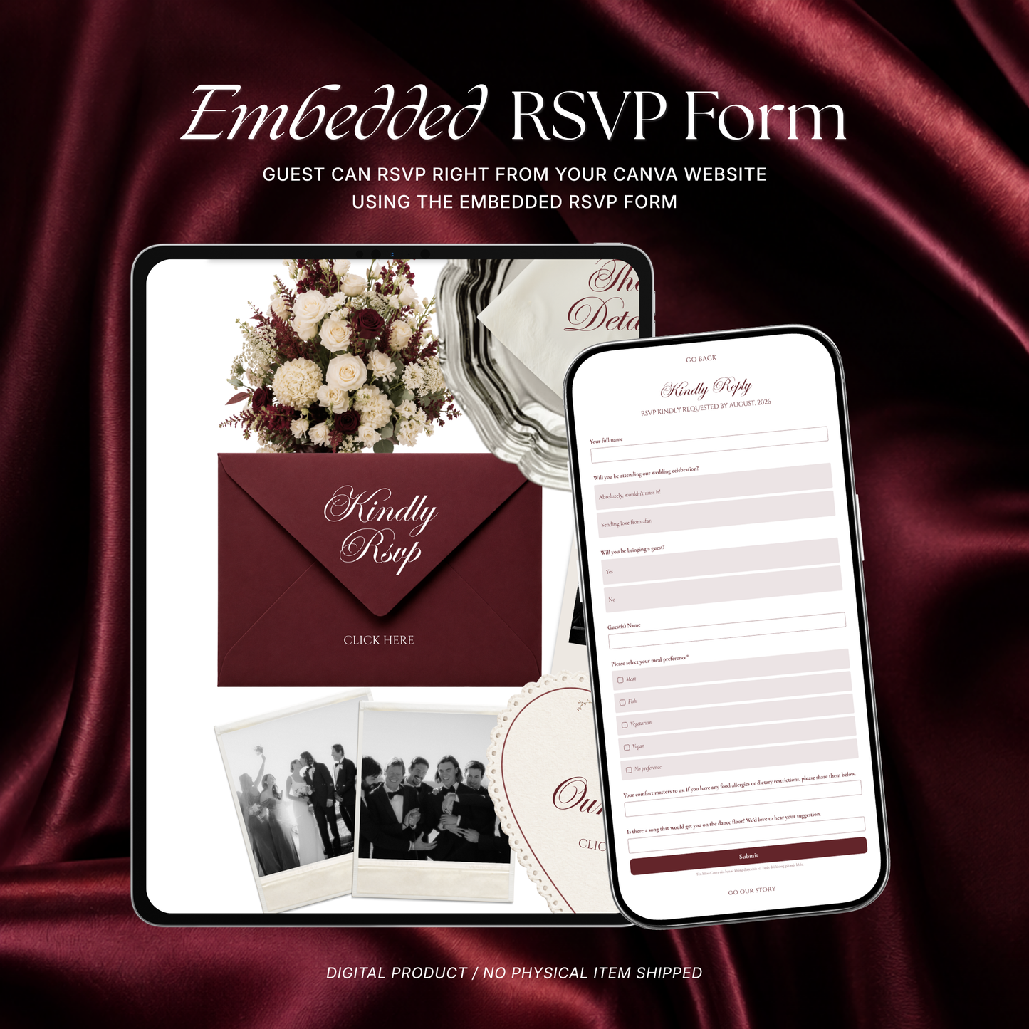 Burgundy & Ivory Wedding Website Template | Vintage Digital Invitation with RSVP, Music and Countdown Timer (Digital Download)