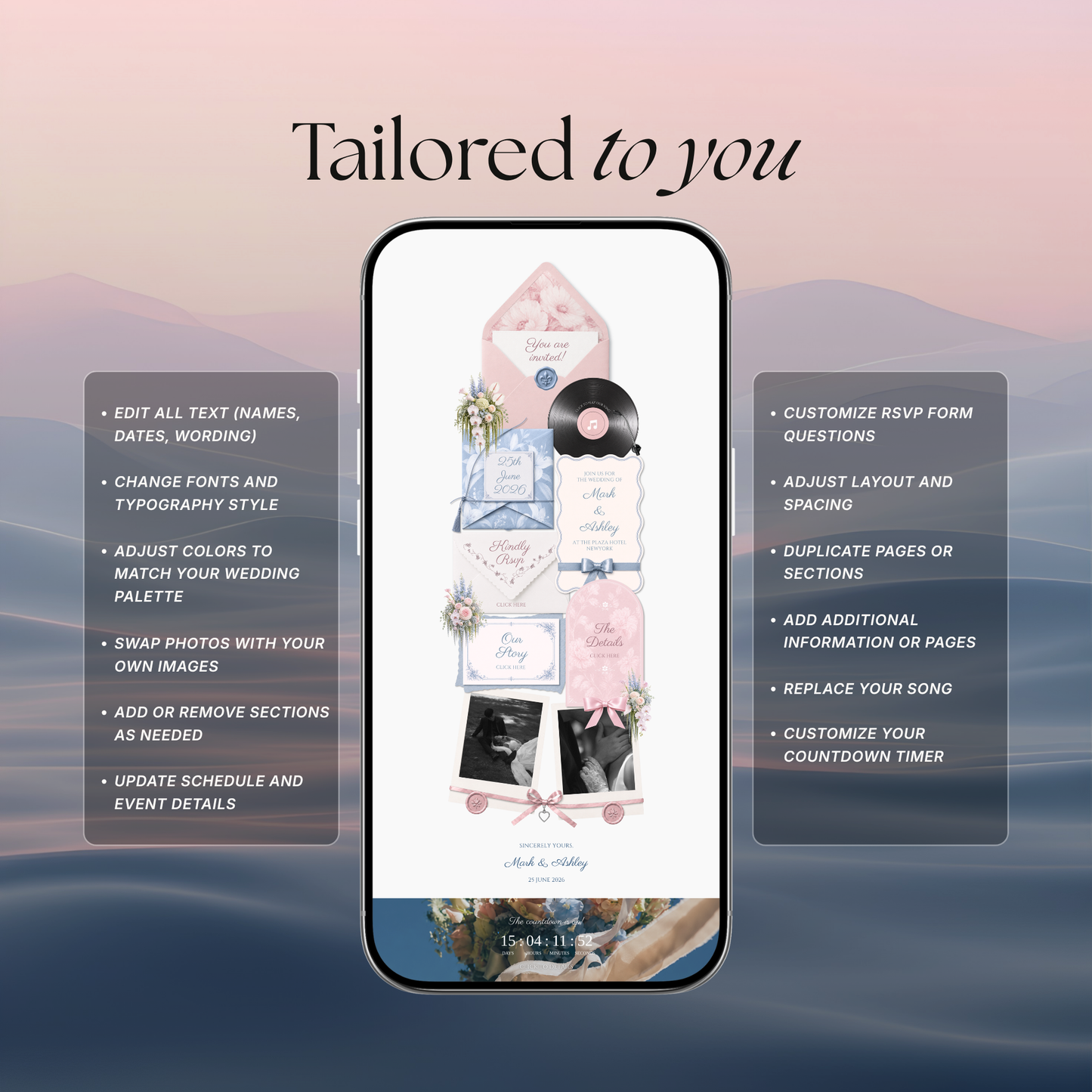 Blush Pink & Blue Floral Wedding Website Template with RSVP, Music and Countdown Timer: Digital Wedding Template (Digital Download)