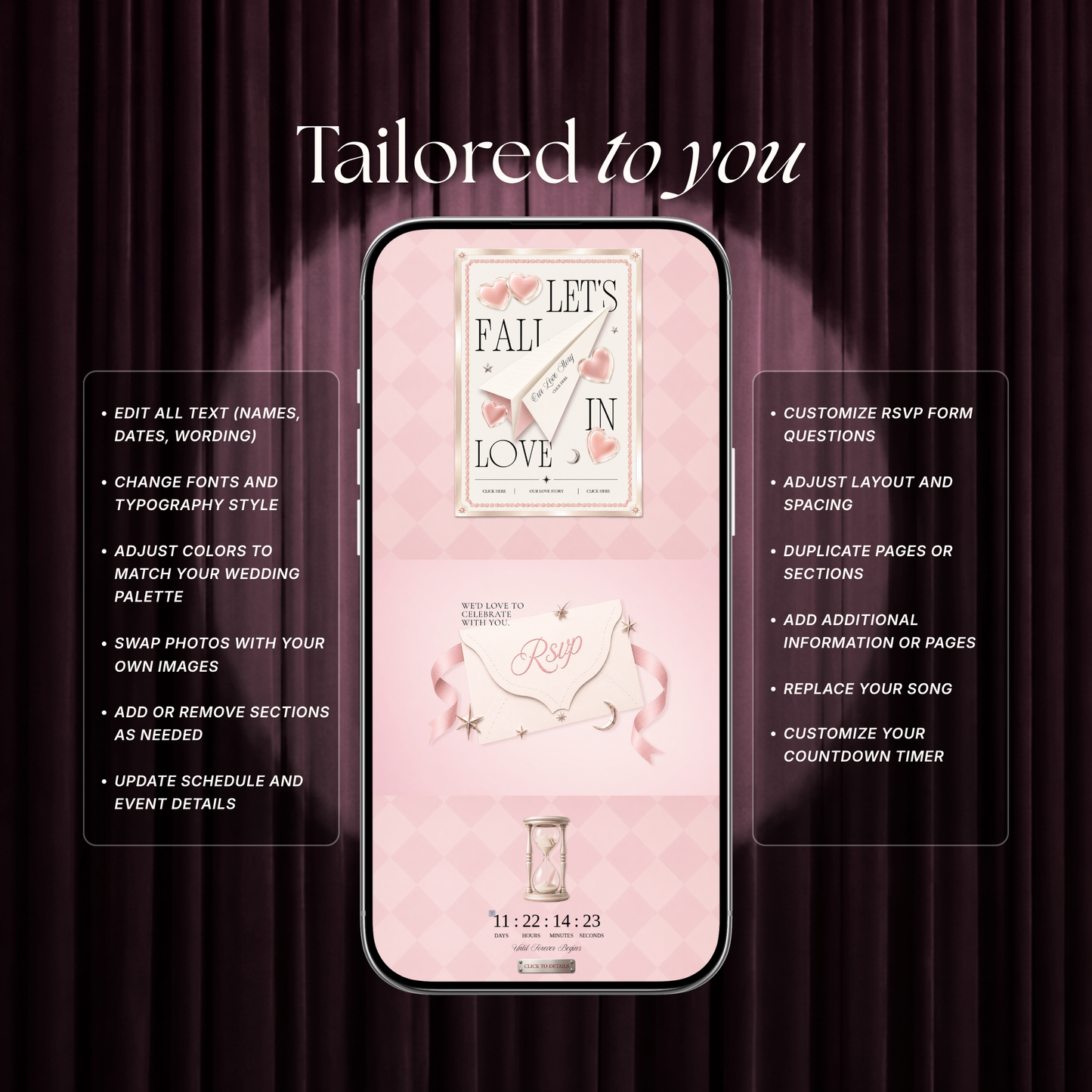 Blush Pink Photo Booth Wedding Website Template | Modern Wedding Invitation with RSVP, Music and Countdown Timer | Instant Download