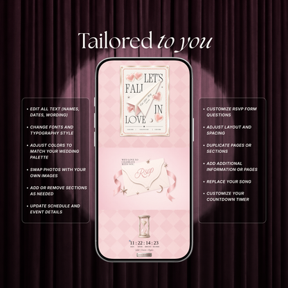 Blush Pink Photo Booth Wedding Website Template | Modern Wedding Invitation with RSVP, Music and Countdown Timer | Instant Download