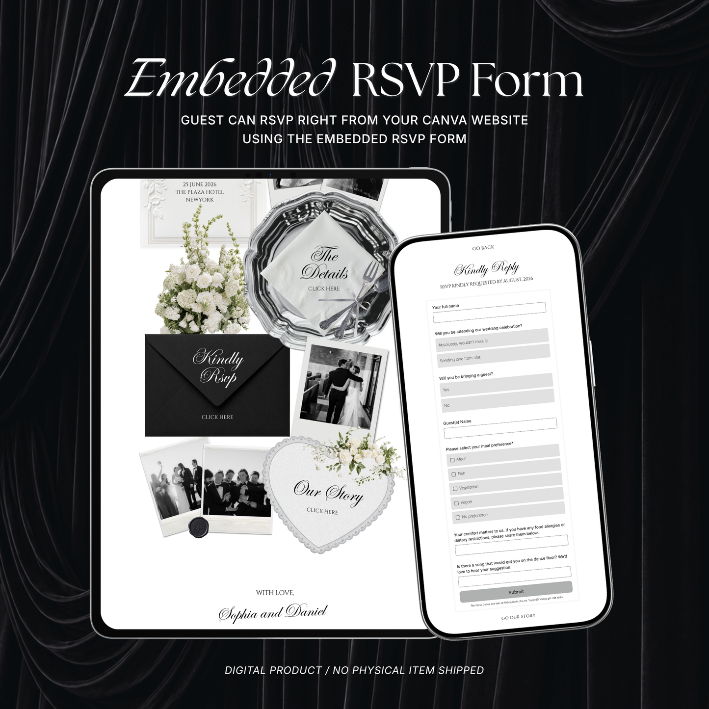 White Black Floral Wedding Website Template with RSVP, Music and Countdown Timer: Digital Wedding Template (Digital Download)
