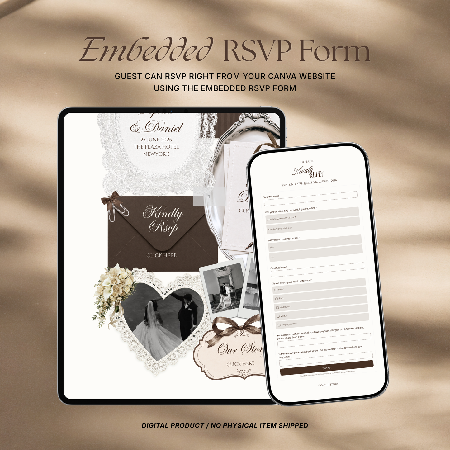 Brown & Ivory Wedding Website Template with RSVP, Music and Countdown Timer: Classic Floral Envelope Digital Invitation (Digital Download)