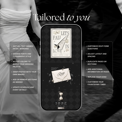 Black Photo Booth Wedding Website Template | Modern Wedding Invitation with RSVP, Music and Countdown Timer | Instant Download