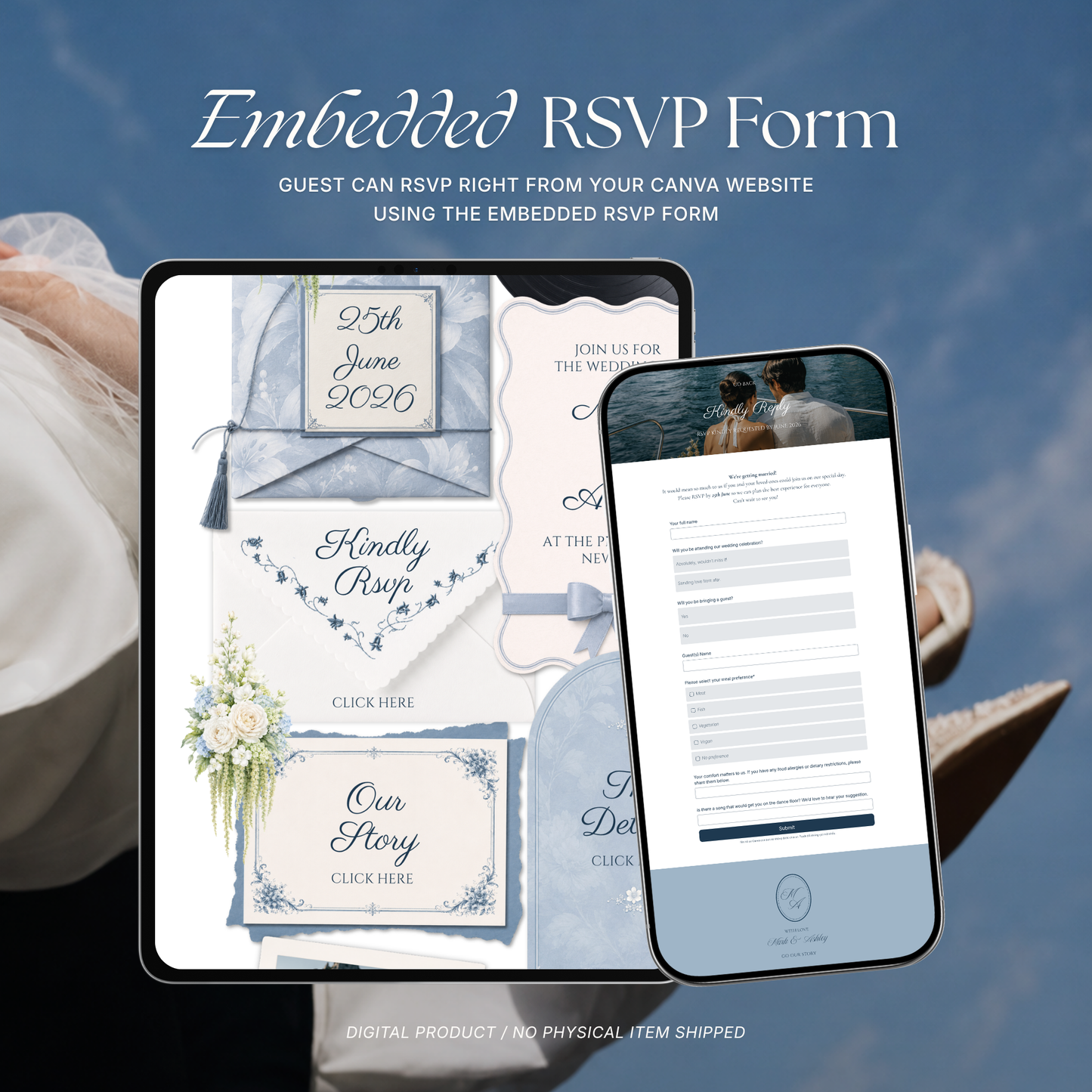Dusty Blue Floral Wedding Website Template | Digital Wedding Invitation with RSVP, Music and Countdown Timer | Instant Download