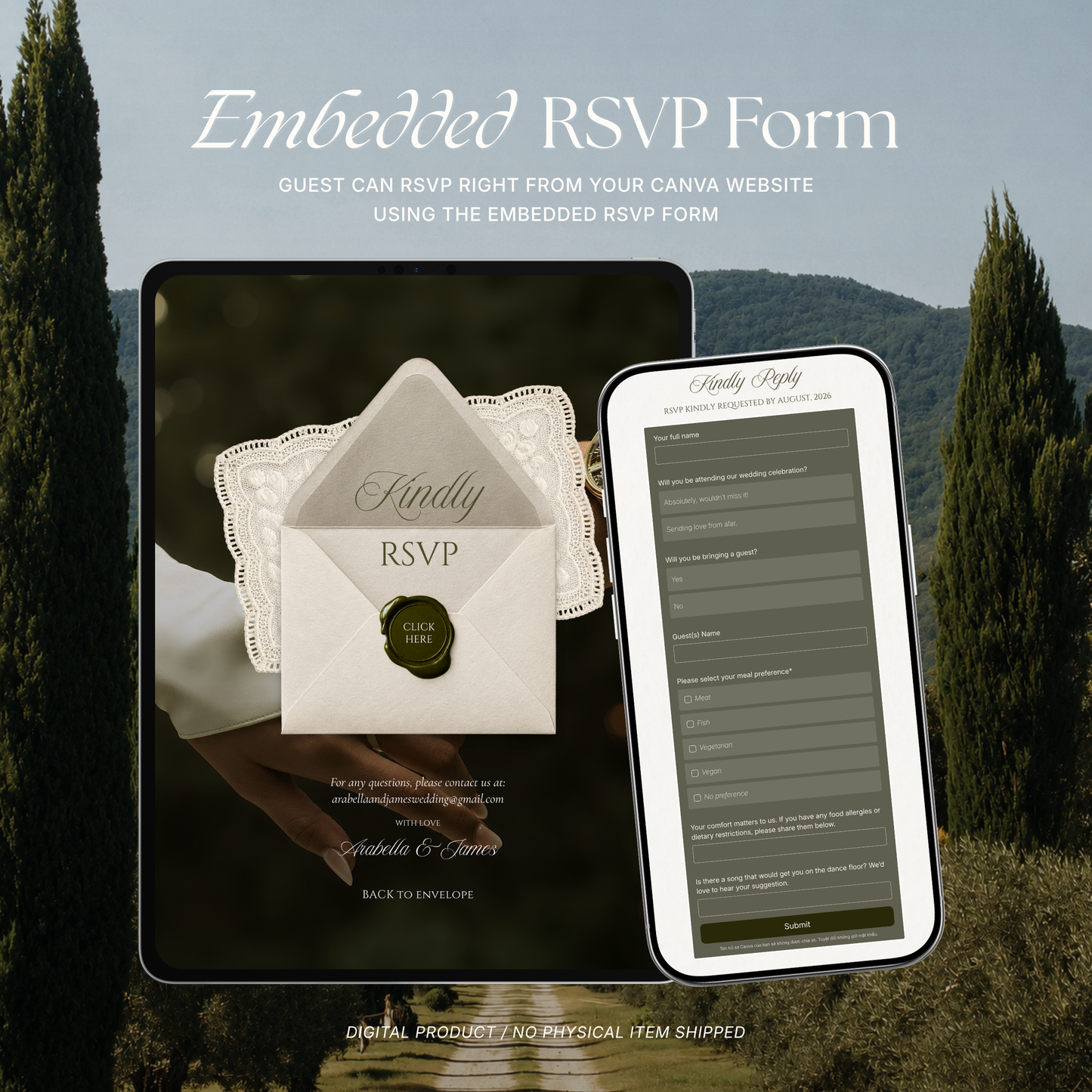 Olive Green Minimal Wedding Website Template with RSVP, Music and Countdown Timer: Digital Wedding Template (Digital Download)
