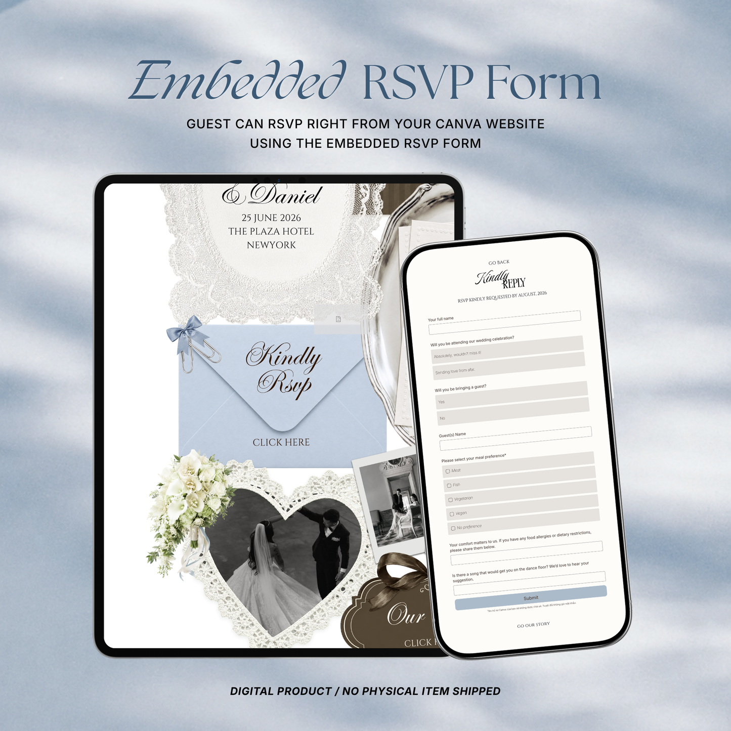 Brown & Dusty Blue Wedding Website Template with RSVP, Music and Countdown Timer: Classic Floral Digital Invitation (Digital Download)