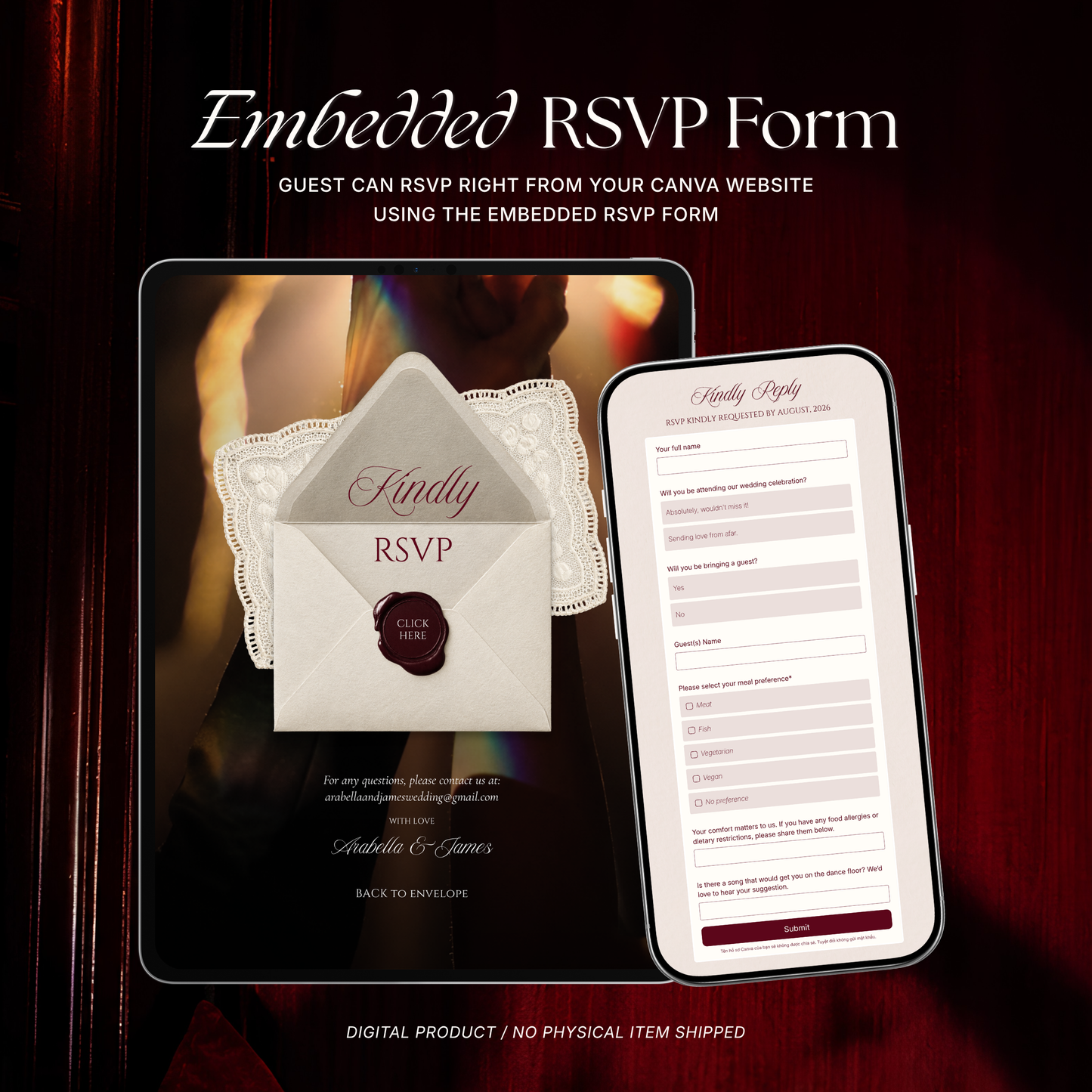 Burgundy & Ivory Wedding Website Template with RSVP, Music and Countdown Timer: Digital Wedding Template (Digital Download)