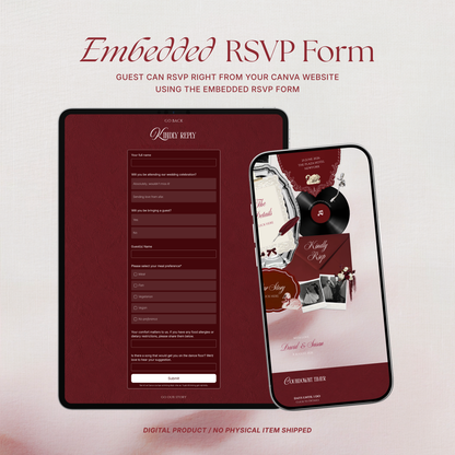Ivory Burgundy Floral Wedding Website Template with RSVP, Music and Countdown Timer: Editable Canva Website (Digital Download)