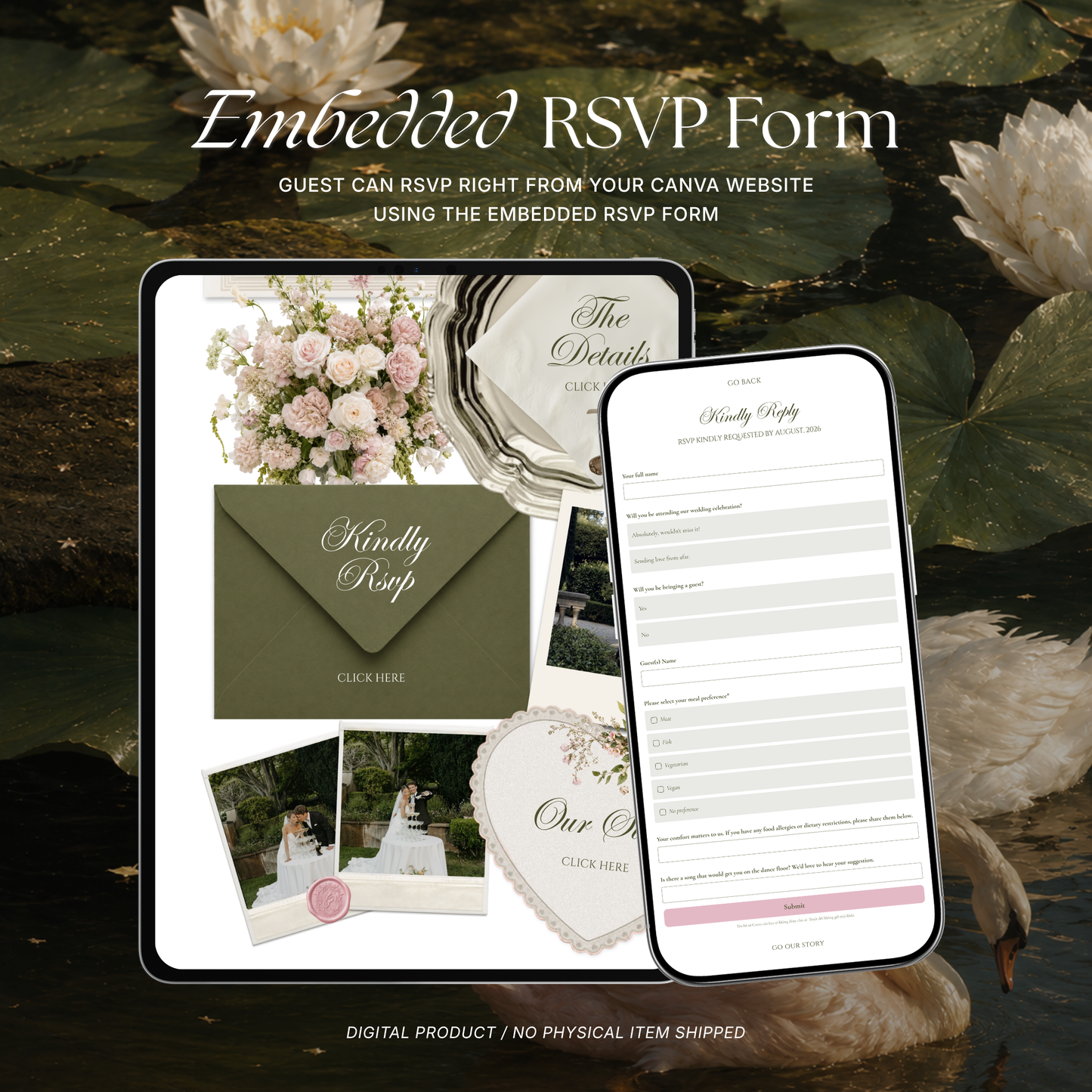 Olive Green & Pink Floral Wedding Website Template with RSVP, Music and Countdown Timer: Wedding Template (Digital Download)