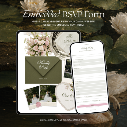 Olive Green & Pink Floral Wedding Website Template with RSVP, Music and Countdown Timer: Wedding Template (Digital Download)