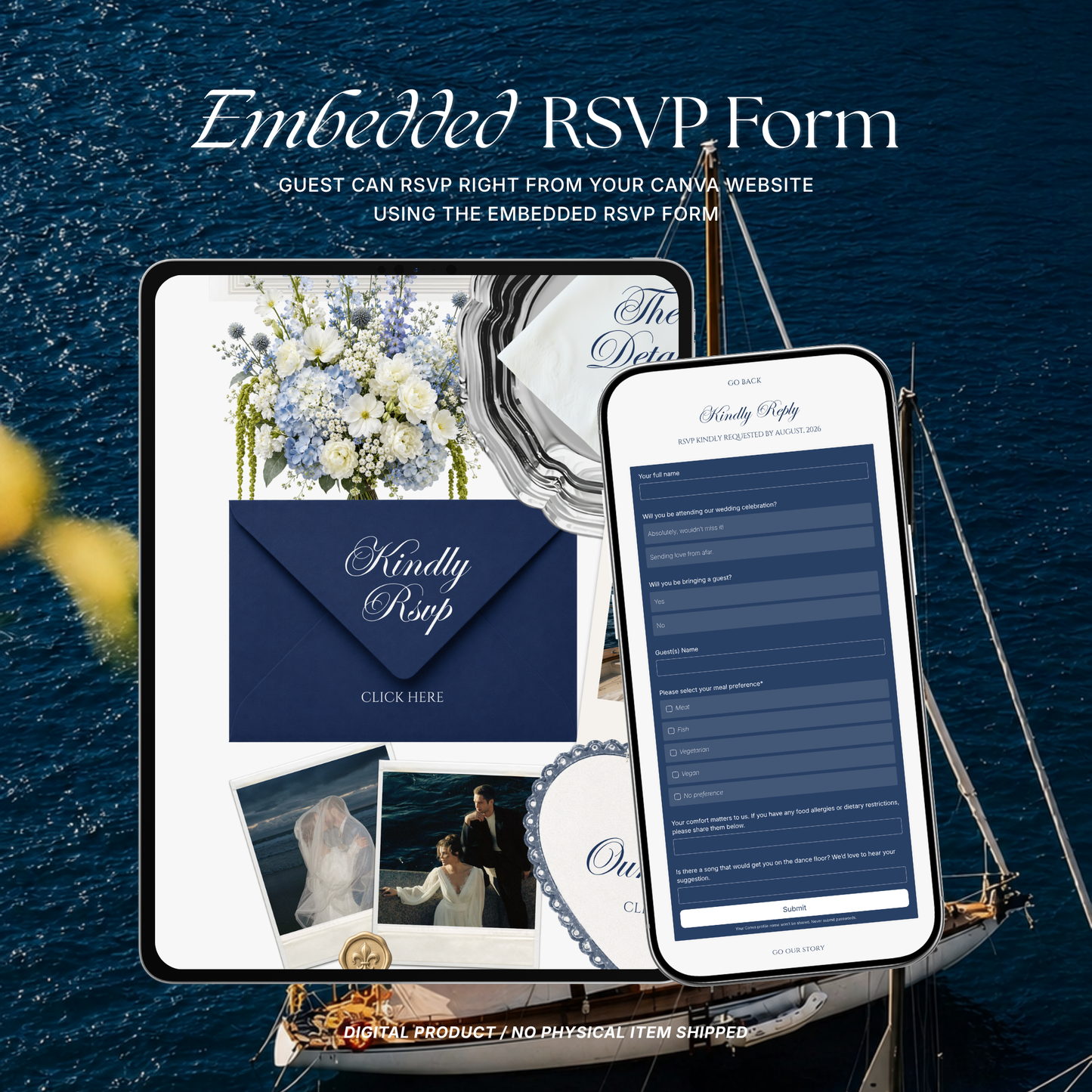 Navy & Dusty Blue Wedding Website Template | Editable Invitation with RSVP, Music and Countdown Timer (Digital Download)