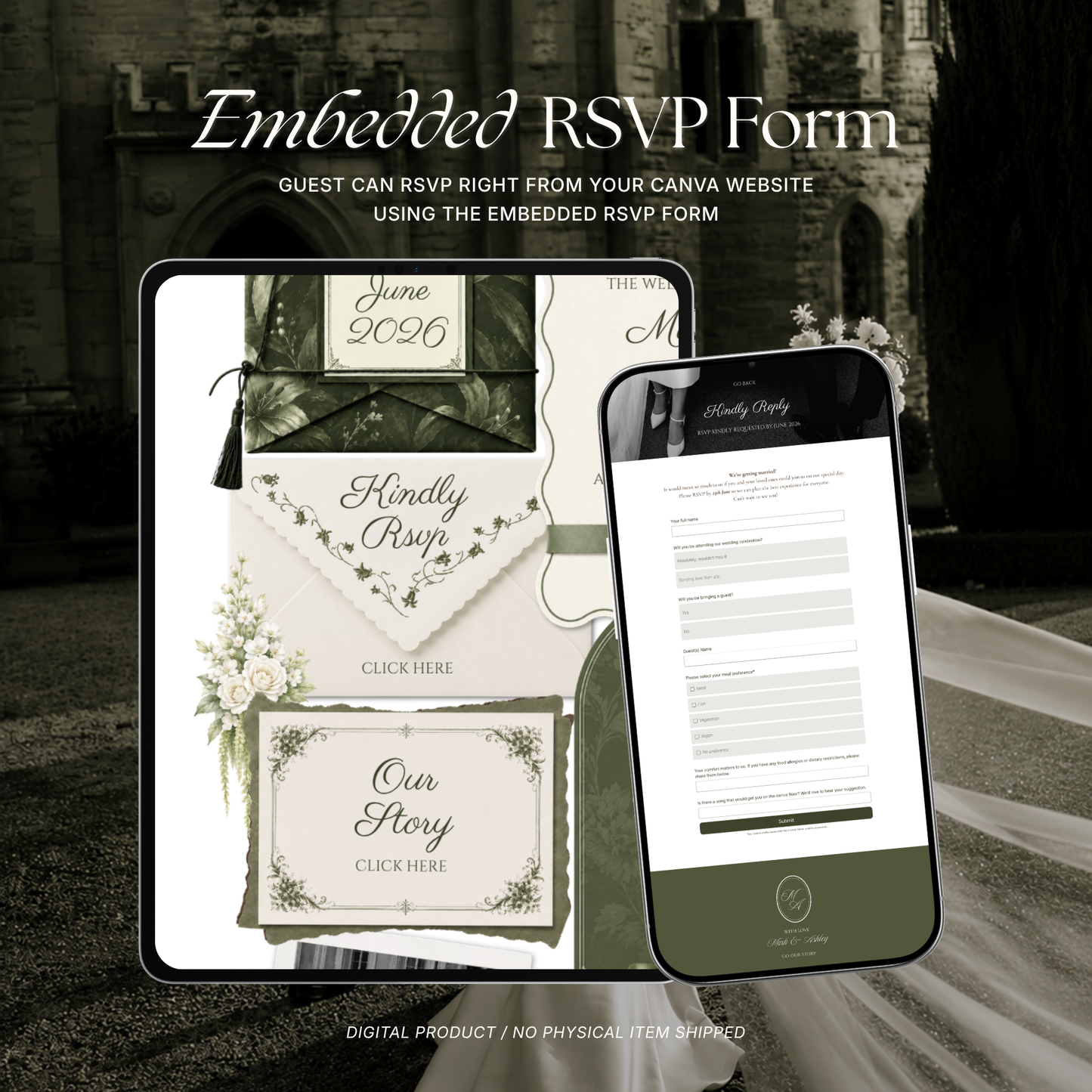 Sage & Ivory Wedding Website Template with RSVP, Music and Countdown Timer | Classic Floral Envelope Digital Invitation (Digital Download)