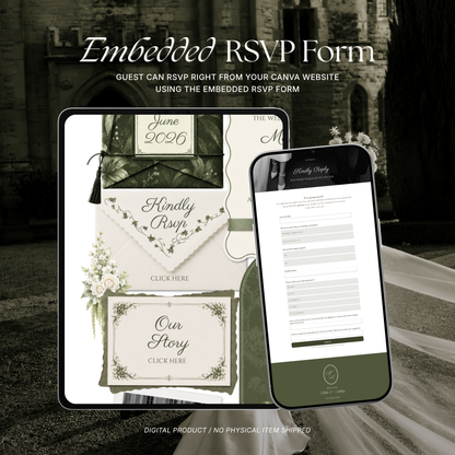 Sage & Ivory Wedding Website Template with RSVP, Music and Countdown Timer | Classic Floral Envelope Digital Invitation (Digital Download)