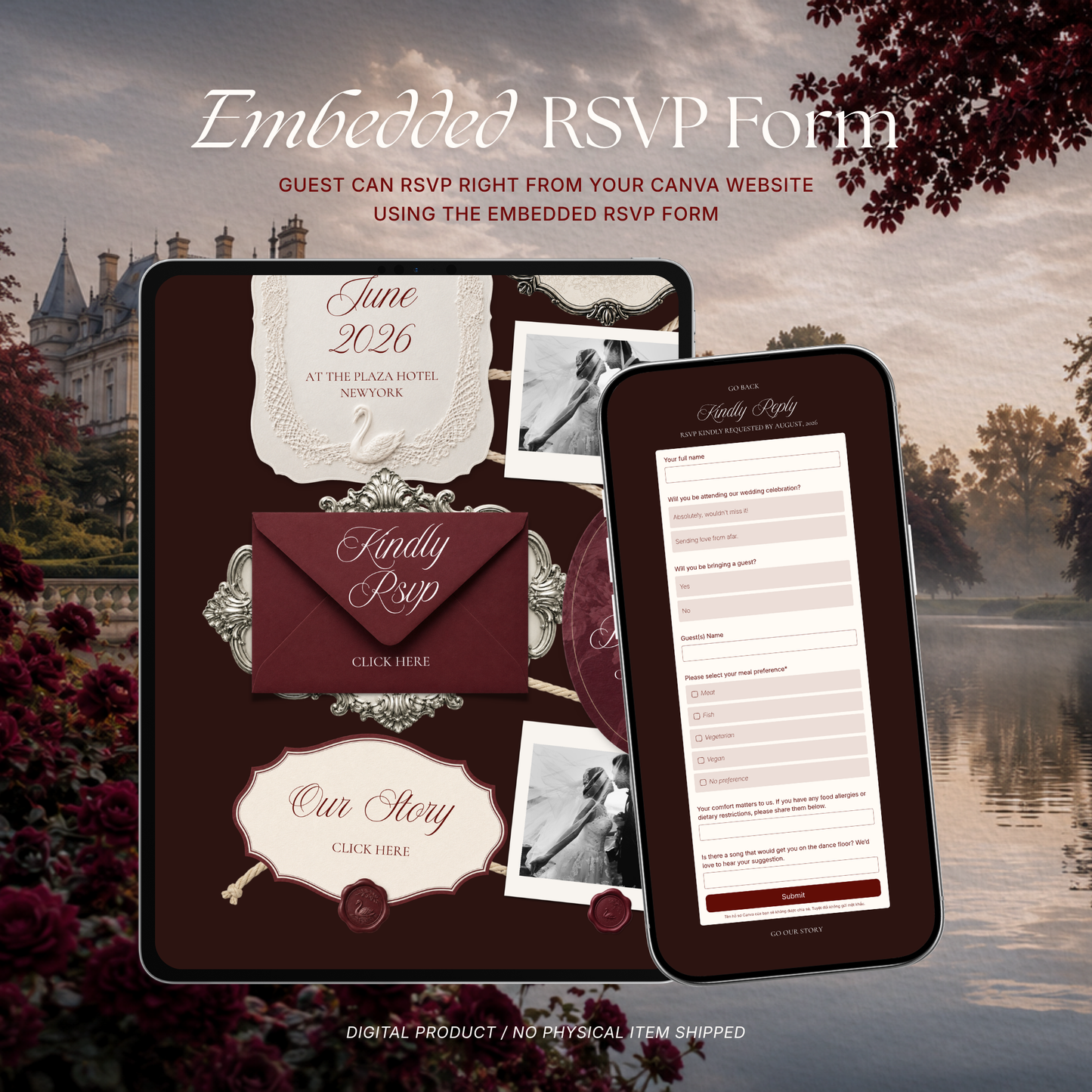 Old Money Burgundy Wedding Website Template with RSVP, Music and Countdown Timer: Digital Invitation (Digital Download)