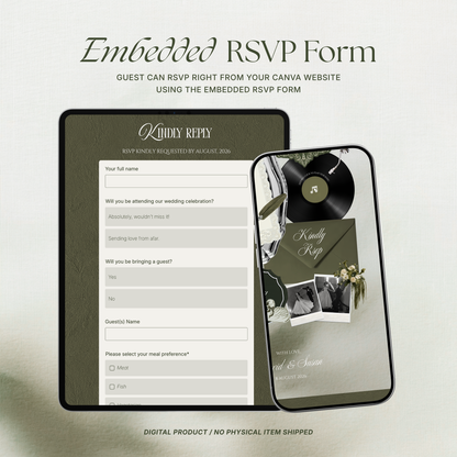Olive Green Vintage Wedding Website Template with RSVP, Music and Countdown Timer: Canva Editable Template (Digital Download)