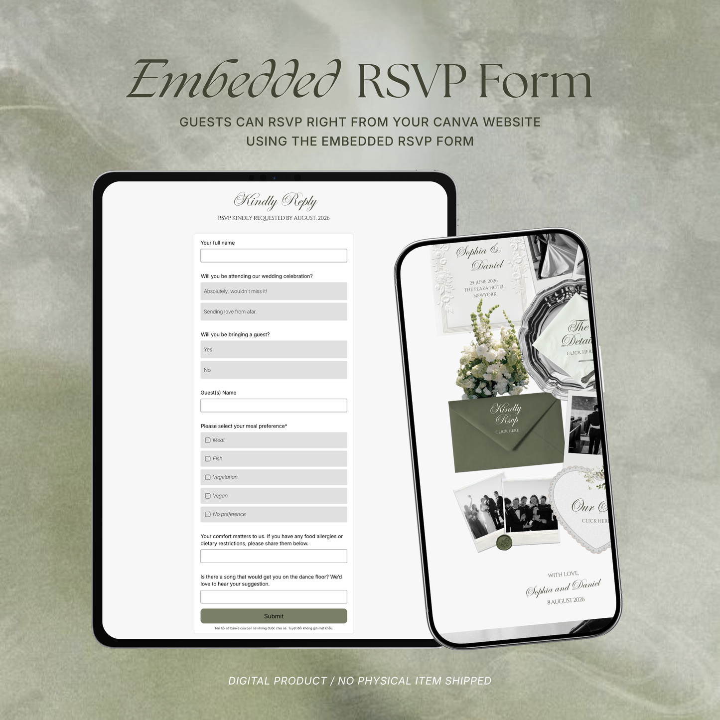 Sage Green Ivory Floral Wedding Website Template with RSVP, Music and Countdown Timer: Editable Canva Website (Digital Download