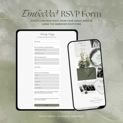 Sage Green Ivory Floral Wedding Website Template with RSVP, Music and Countdown Timer: Editable Canva Website (Digital Download