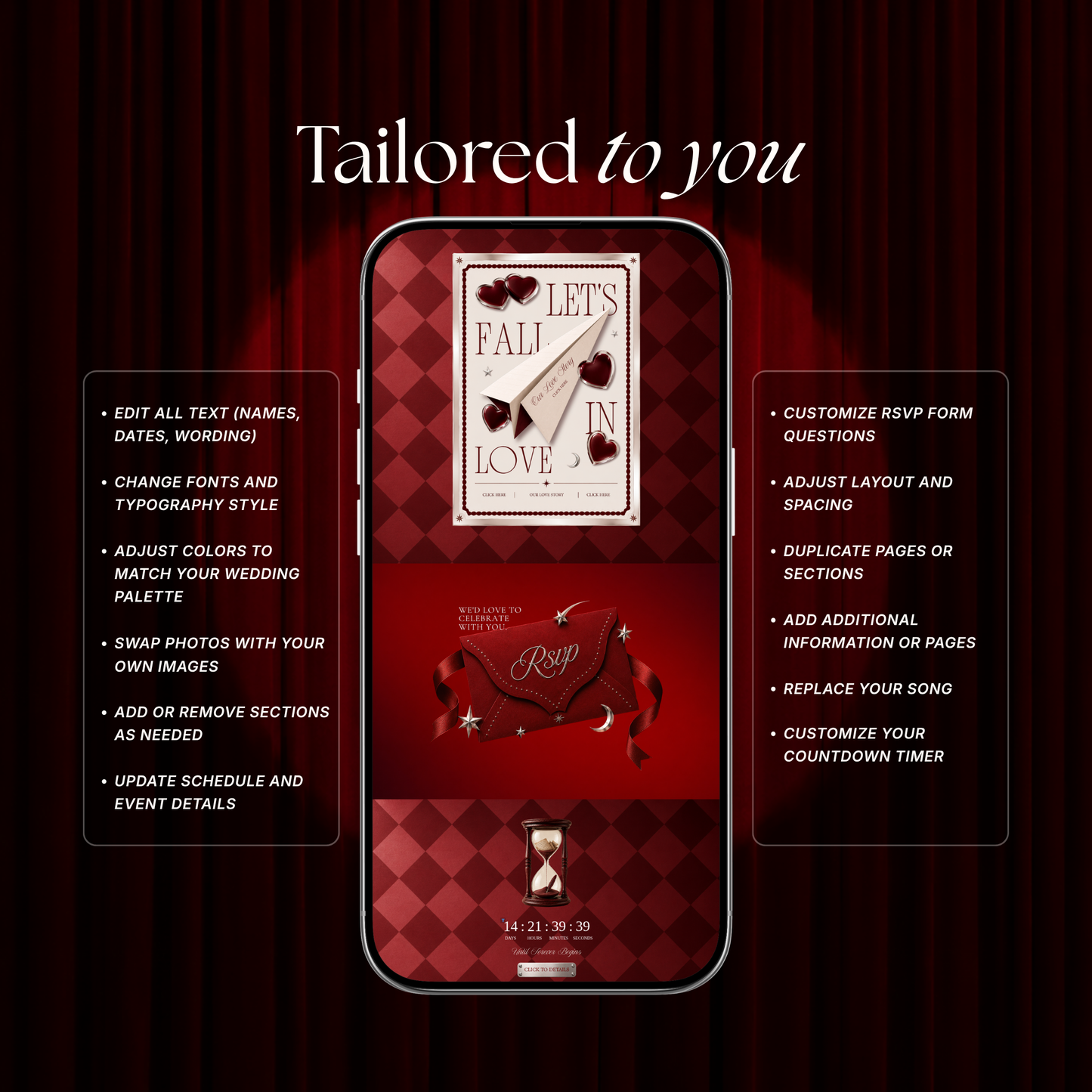 Burgundy Photo Booth Wedding Website Template | Modern Wedding Invitation with RSVP, Music and Countdown Timer | Instant Download