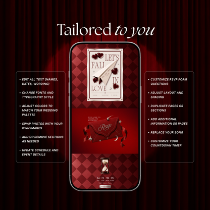 Burgundy Photo Booth Wedding Website Template | Modern Wedding Invitation with RSVP, Music and Countdown Timer | Instant Download