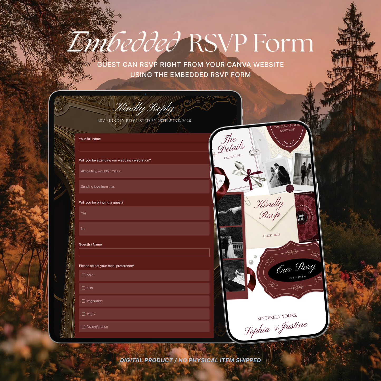 Burgundy & Ivory Wedding Website Template | Digital Wedding Invitation with RSVP, Music and Countdown Timer | Instant Download