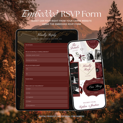 Burgundy & Ivory Wedding Website Template | Digital Wedding Invitation with RSVP, Music and Countdown Timer | Instant Download