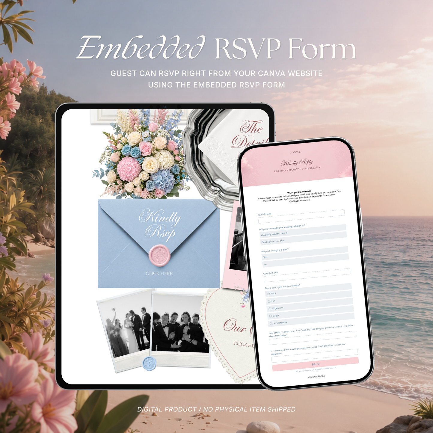 Blush Pink & Blue Wedding Website Template with RSVP, Music and Countdown | Floral Classic Envelope Digital Invitation (Instant Download)