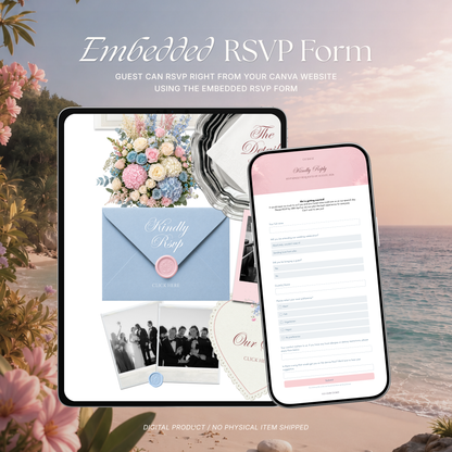 Blush Pink & Blue Wedding Website Template with RSVP, Music and Countdown | Floral Classic Envelope Digital Invitation (Instant Download)